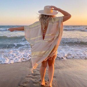 L*SPACE Seaport Cover Up Cream Metallic Tassel Boho Dress Beach XS-S NWT $130